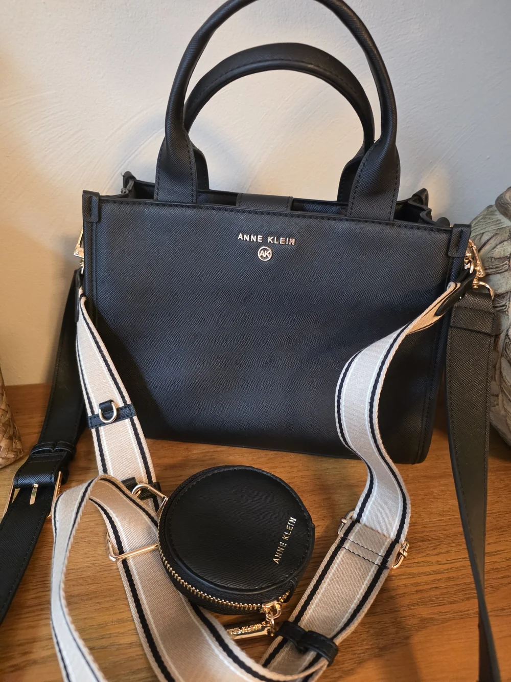 Anne Klein Large Tote- Black Structured Satchel with Striped Strap